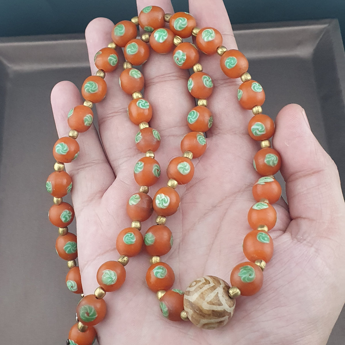 Vintage Venetian Style Orange Floral Glass With pumtek pyu Pendant Necklace