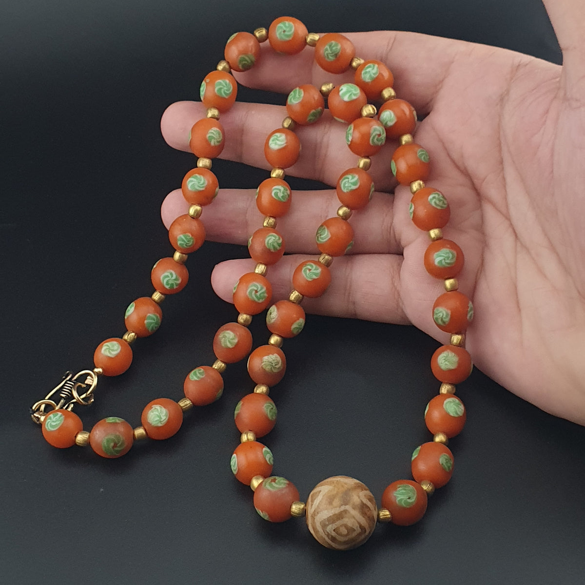 Vintage Venetian Style Orange Floral Glass With pumtek pyu Pendant Necklace