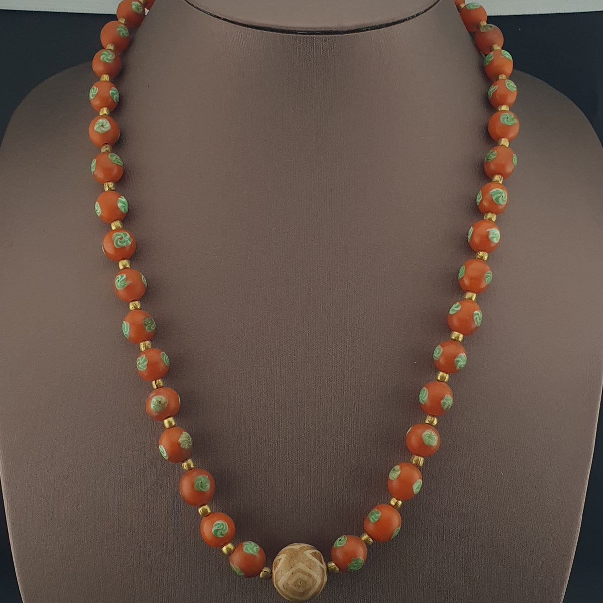 Vintage Venetian Style Orange Floral Glass With pumtek pyu Pendant Necklace