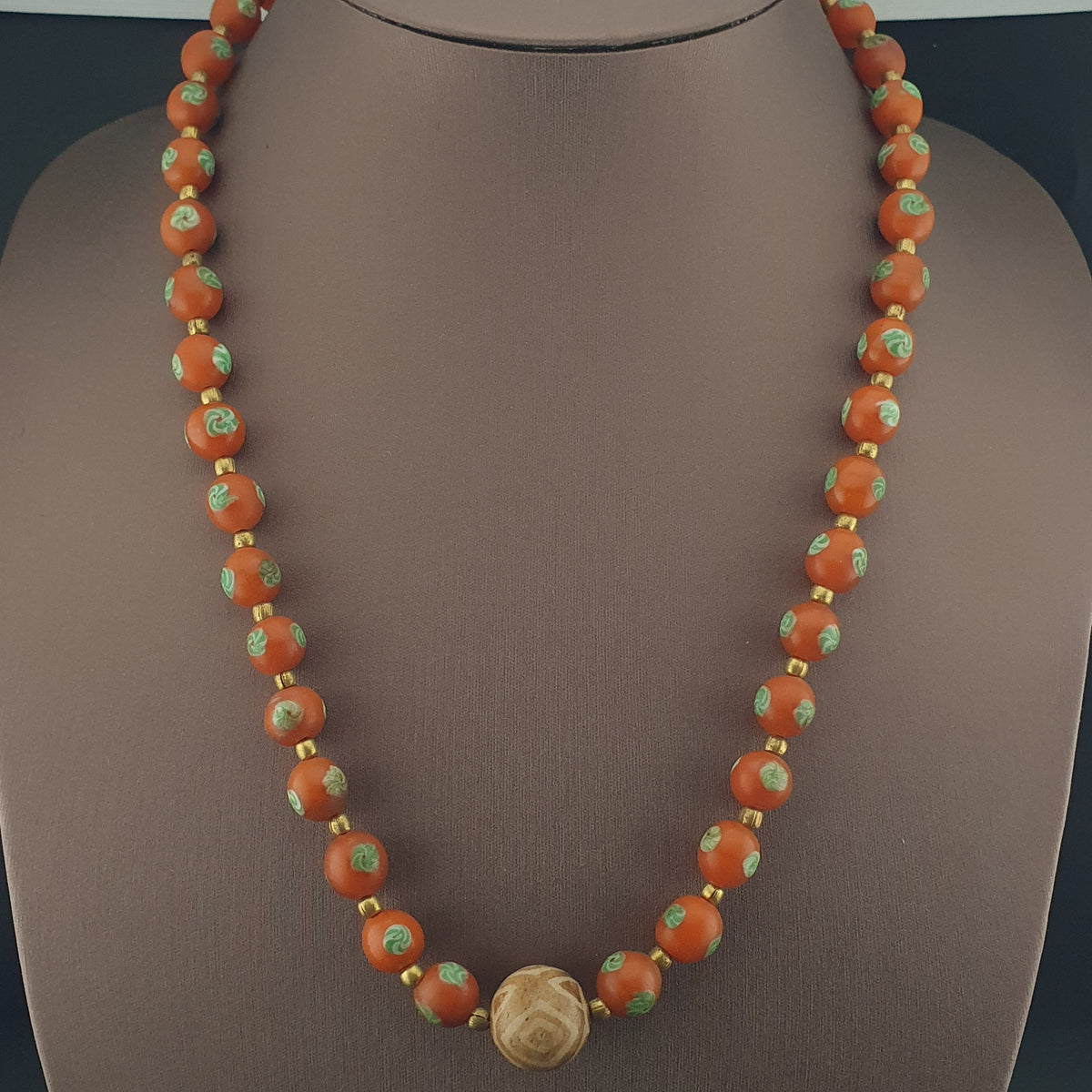 Vintage Venetian Style Orange Floral Glass With pumtek pyu Pendant Necklace