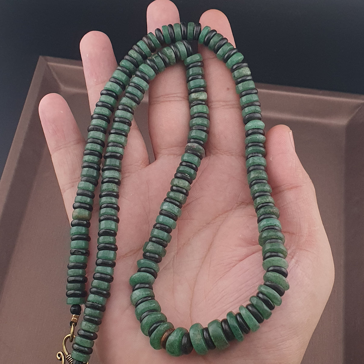 Vintage Tire Shape Jade & Bone Beads Necklace 24 inches