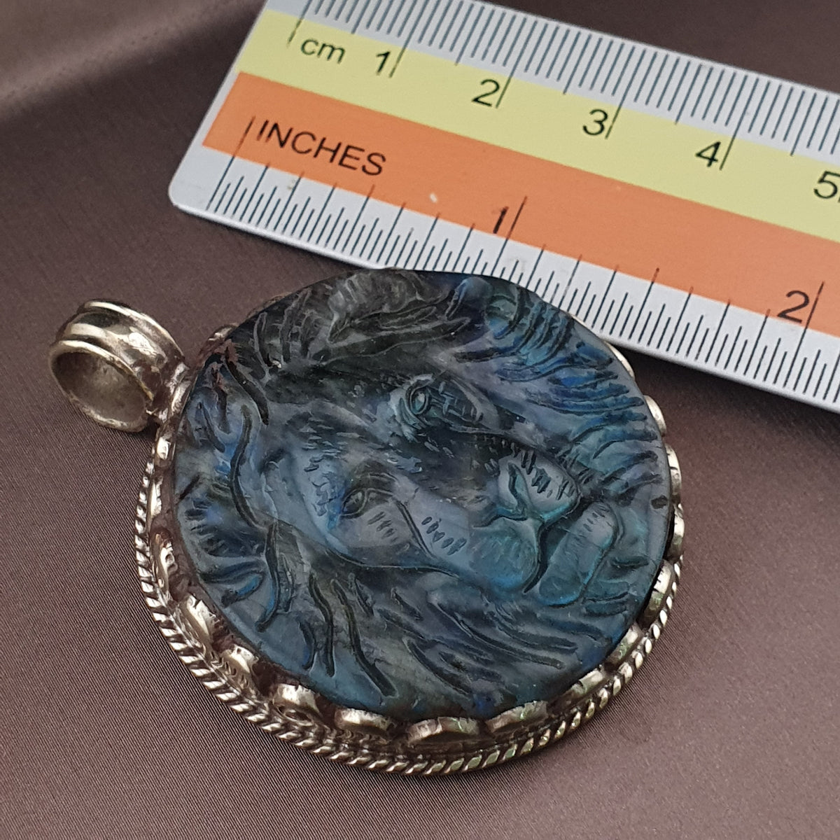 Handmade Vintage Labradorite Lion Face Brass Floral Design Pendant