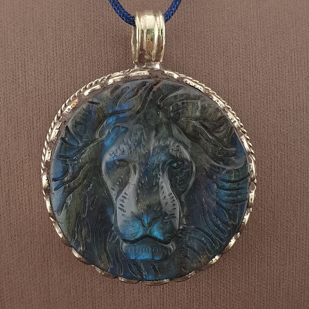 Handmade Vintage Labradorite Lion Face Brass Floral Design Pendant