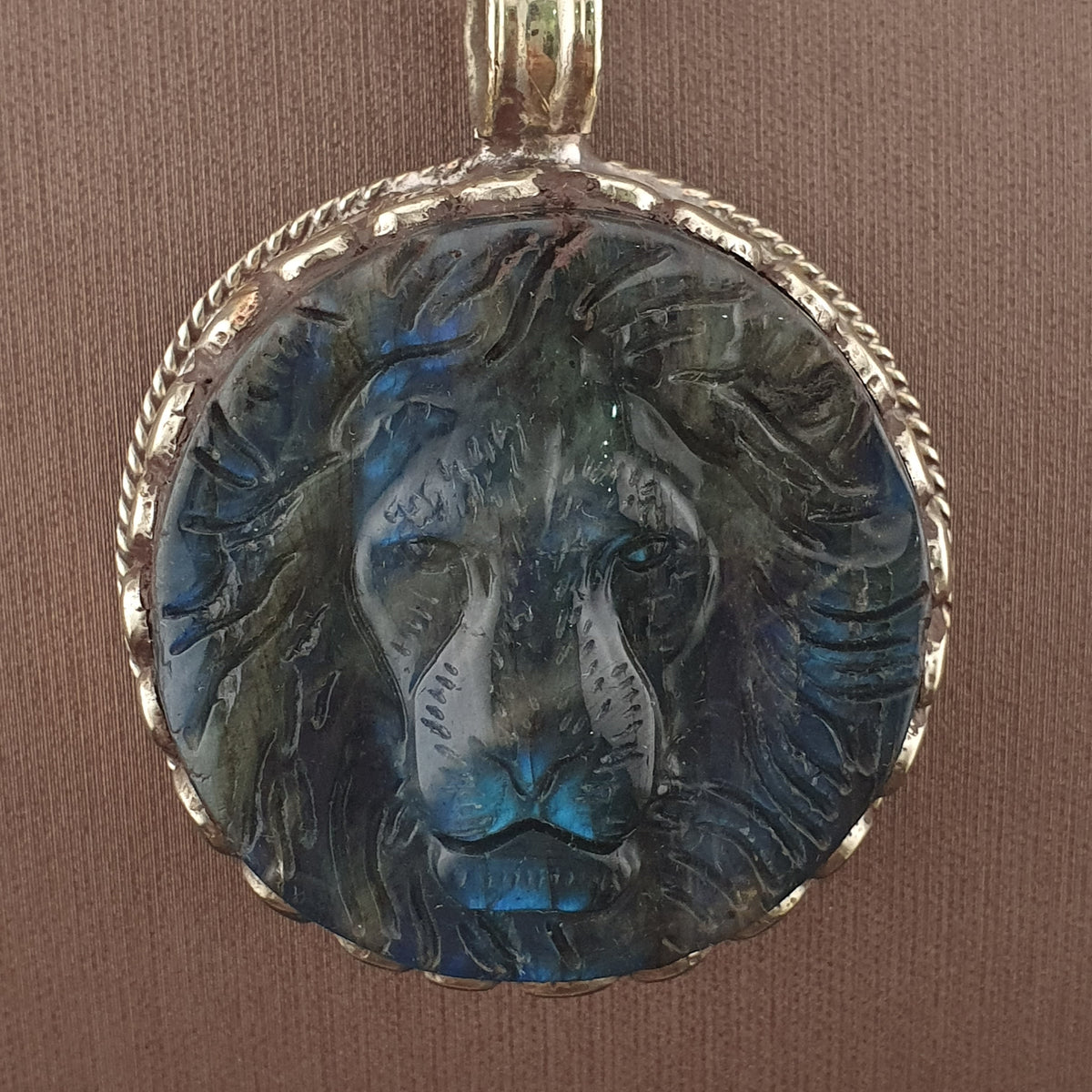 Handmade Vintage Labradorite Lion Face Brass Floral Design Pendant