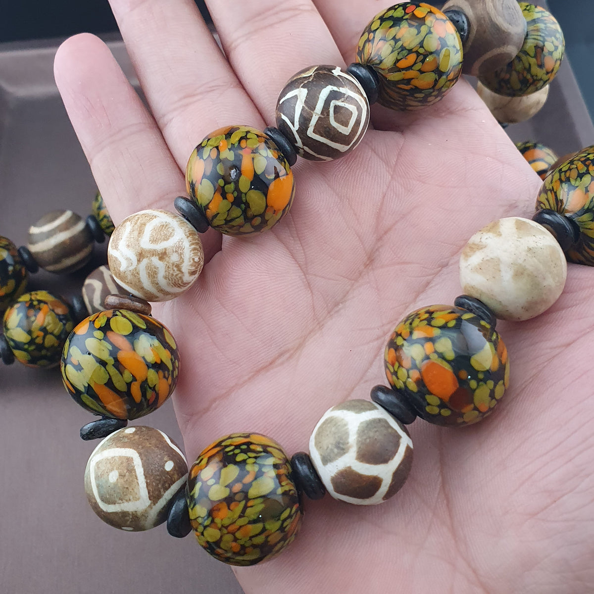 Vintage Venetian Asian Style Millefiori Glass & Pumtek Pyu Beads Necklace