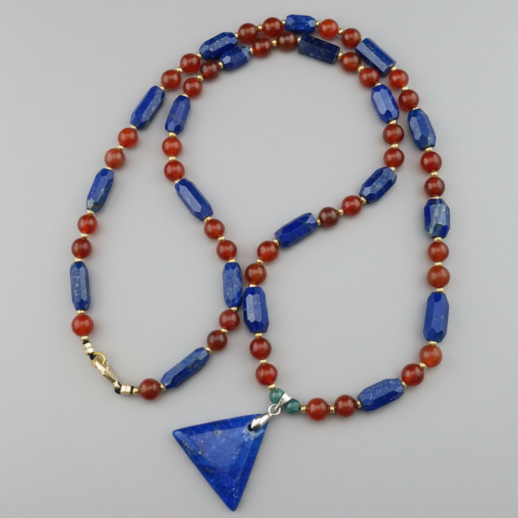 Vintage Carnelian Agate Mali Beads & Lapislazuli Beads Triangle Pendant Necklace