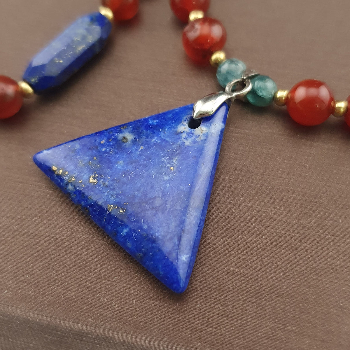 Vintage Carnelian Agate Mali Beads & Lapislazuli Beads Triangle Pendant Necklace