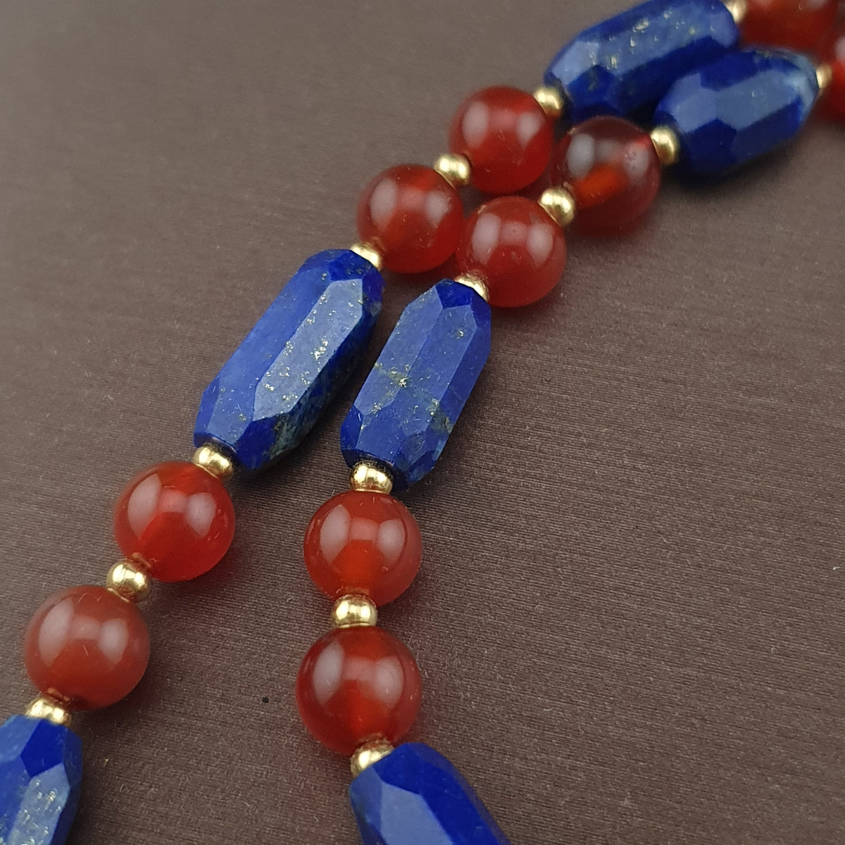 Vintage Carnelian Agate Mali Beads & Lapislazuli Beads Triangle Pendant Necklace