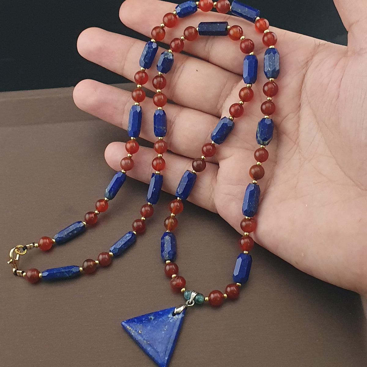 Vintage Carnelian Agate Mali Beads & Lapislazuli Beads Triangle Pendant Necklace