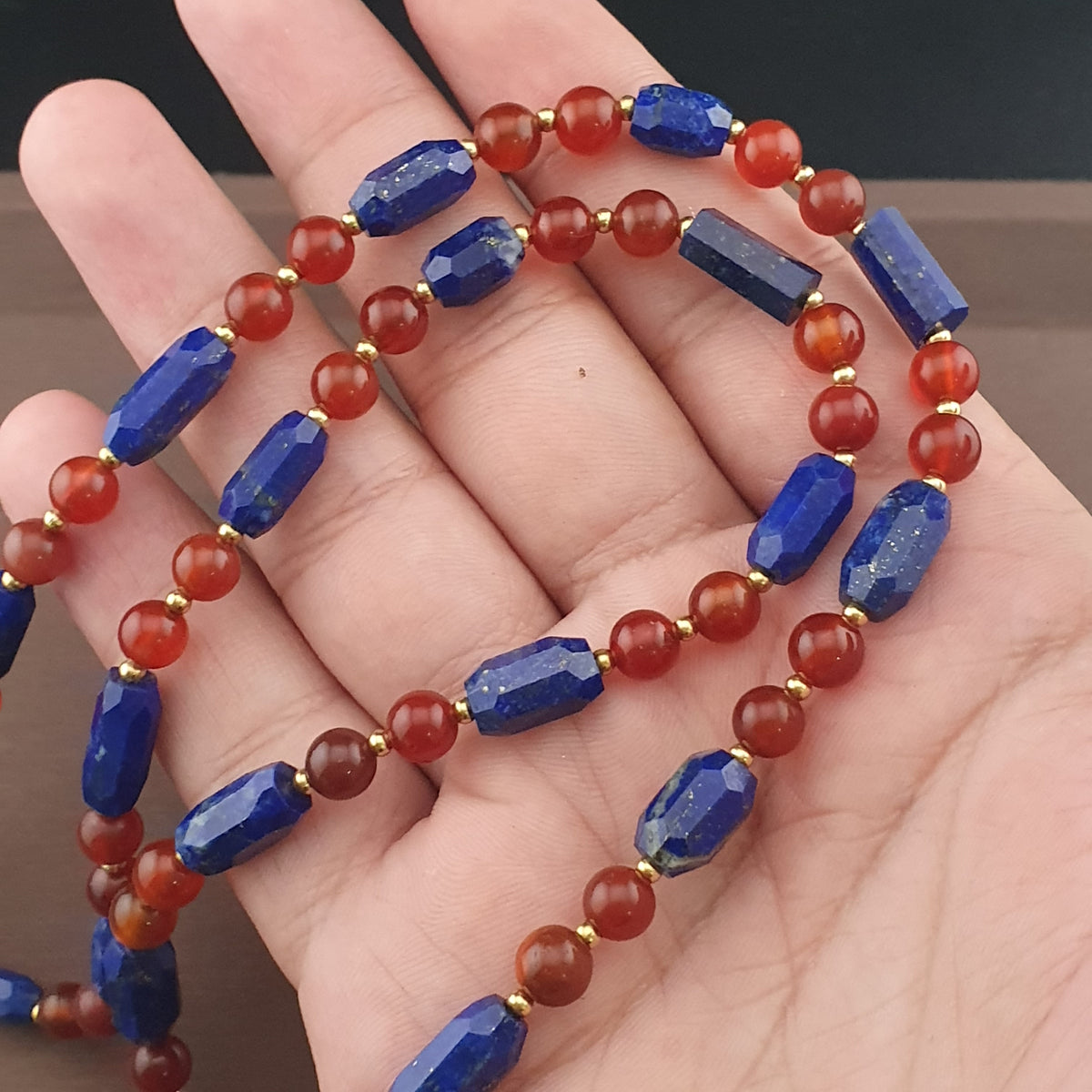 Vintage Carnelian Agate Mali Beads & Lapislazuli Beads Triangle Pendant Necklace