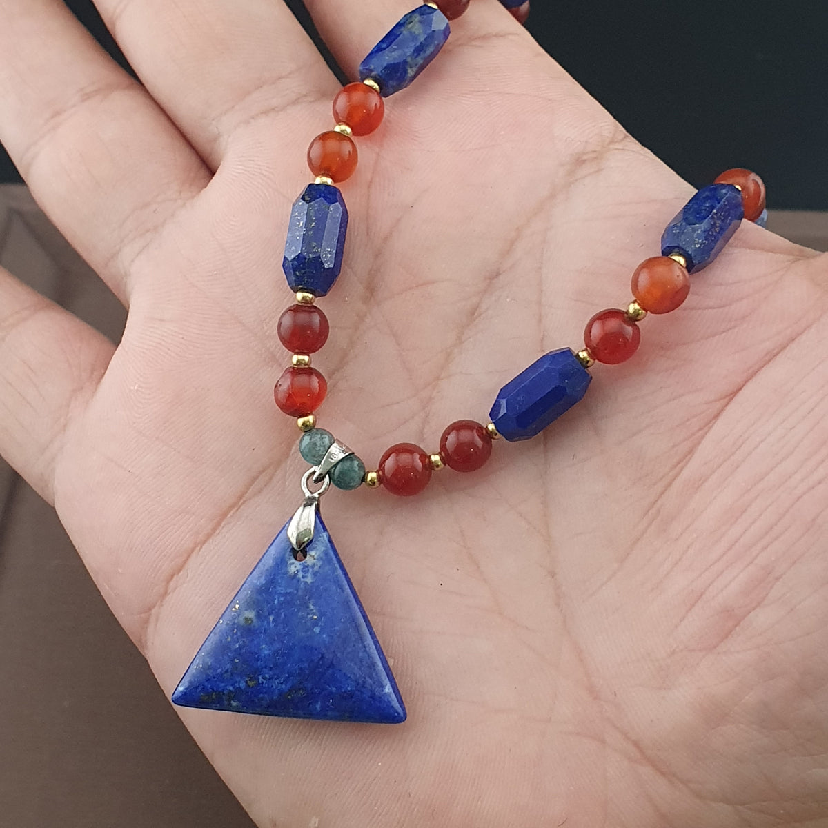 Vintage Carnelian Agate Mali Beads & Lapislazuli Beads Triangle Pendant Necklace