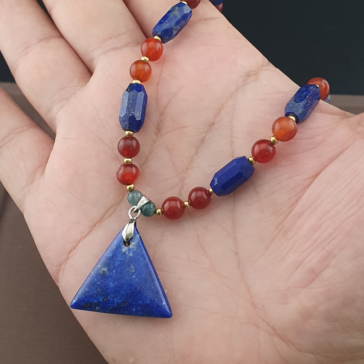 Vintage Carnelian Agate Mali Beads & Lapislazuli Beads Triangle Pendant Necklace