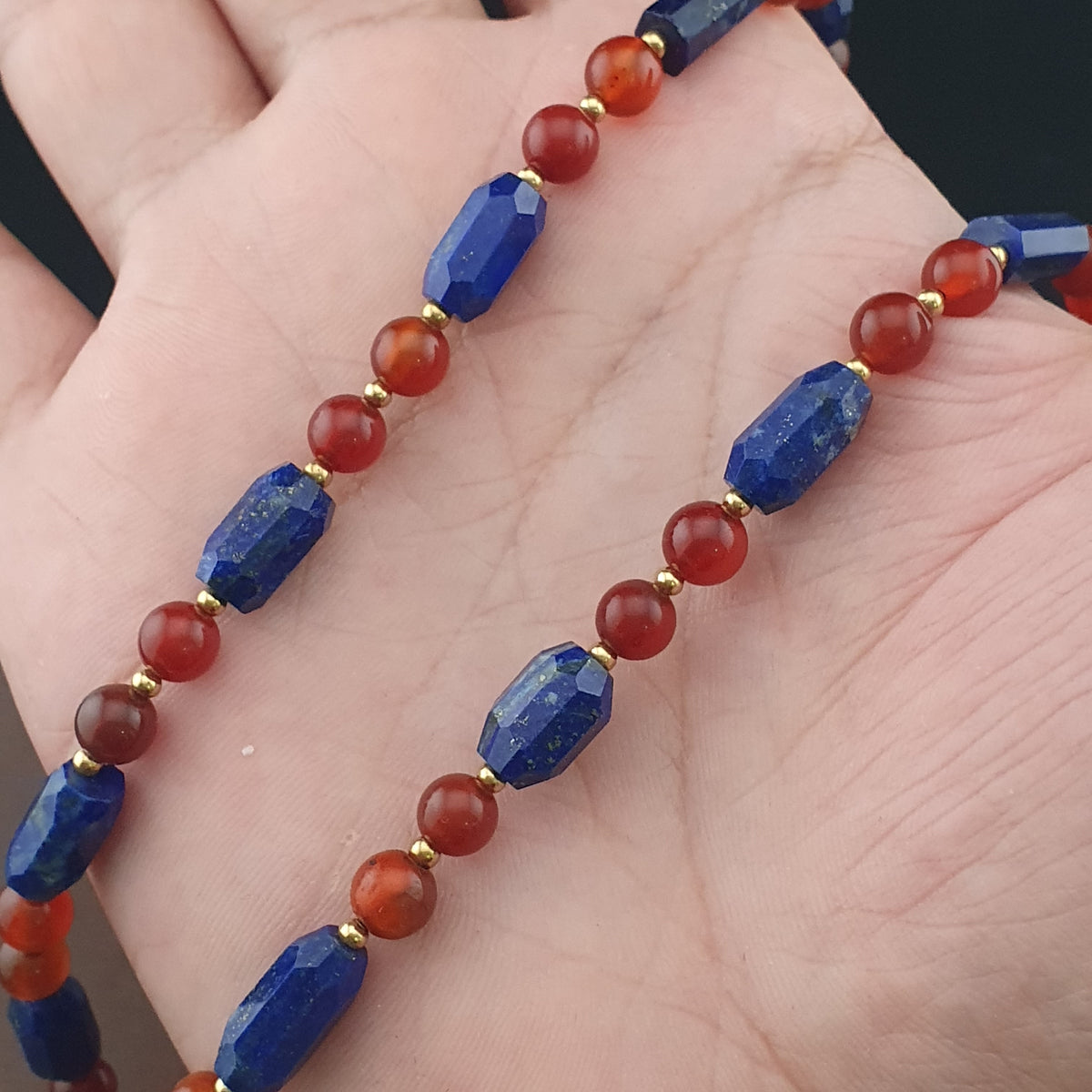 Vintage Carnelian Agate Mali Beads & Lapislazuli Beads Triangle Pendant Necklace