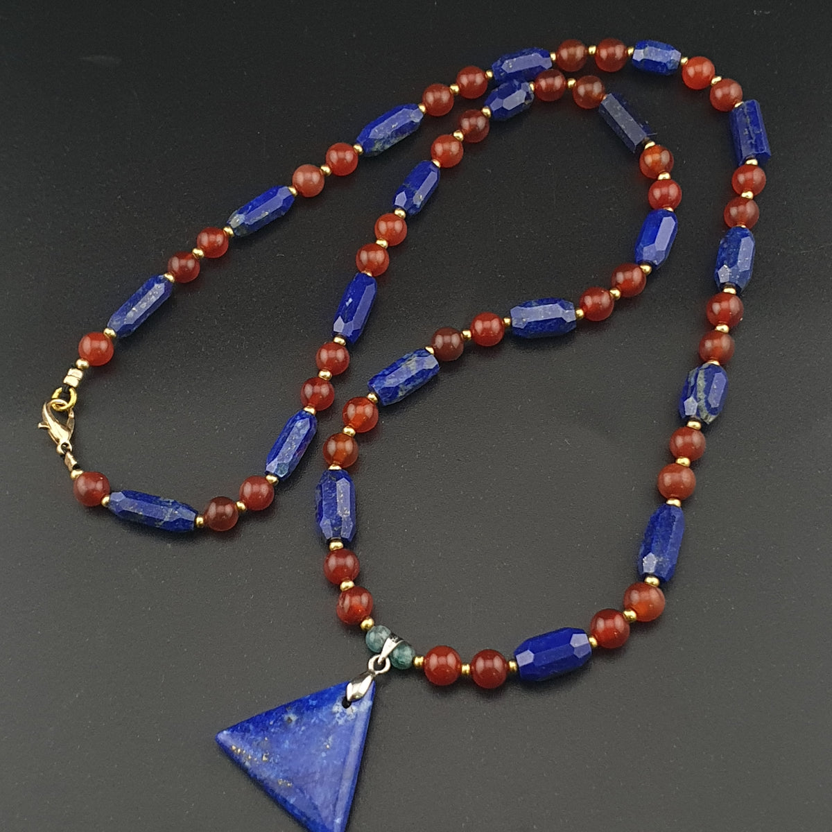 Vintage Carnelian Agate Mali Beads & Lapislazuli Beads Triangle Pendant Necklace
