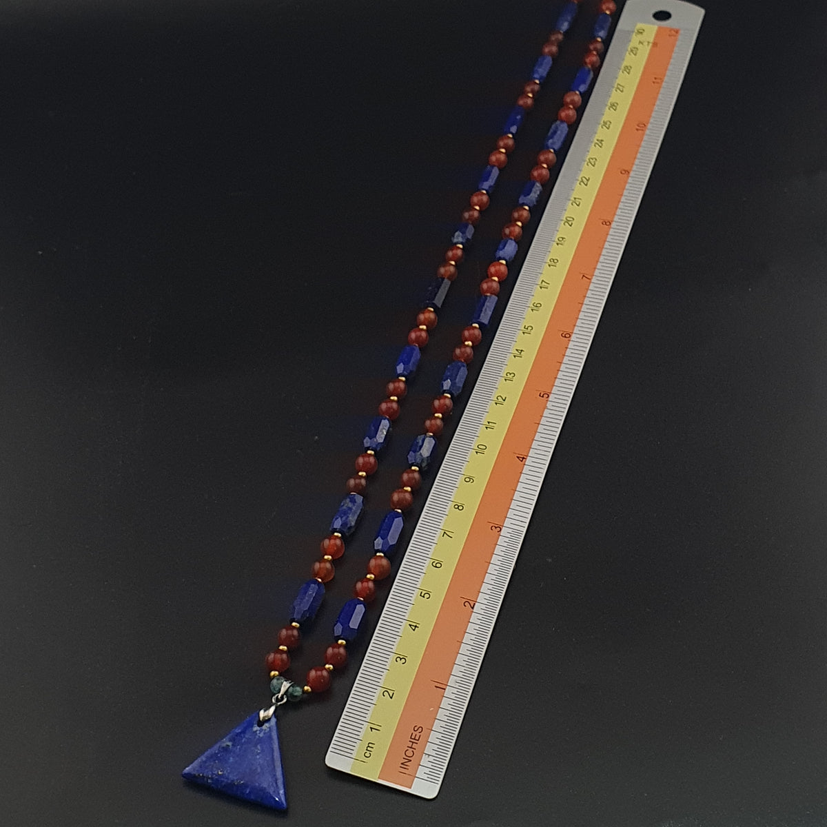 Vintage Carnelian Agate Mali Beads & Lapislazuli Beads Triangle Pendant Necklace