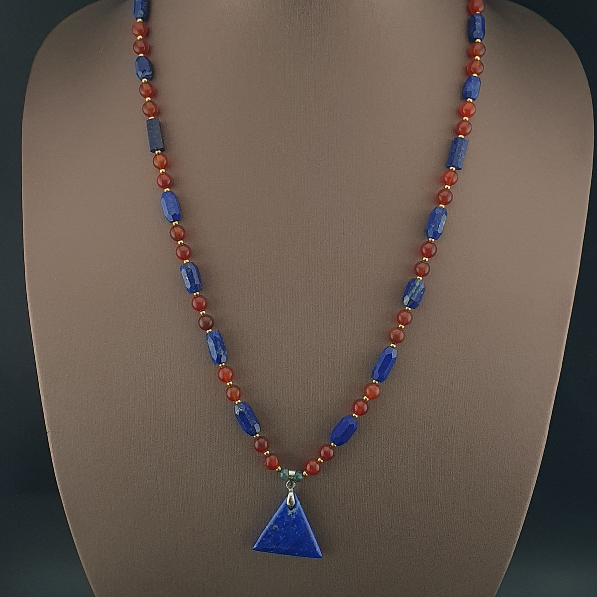 Vintage Carnelian Agate Mali Beads & Lapislazuli Beads Triangle Pendant Necklace