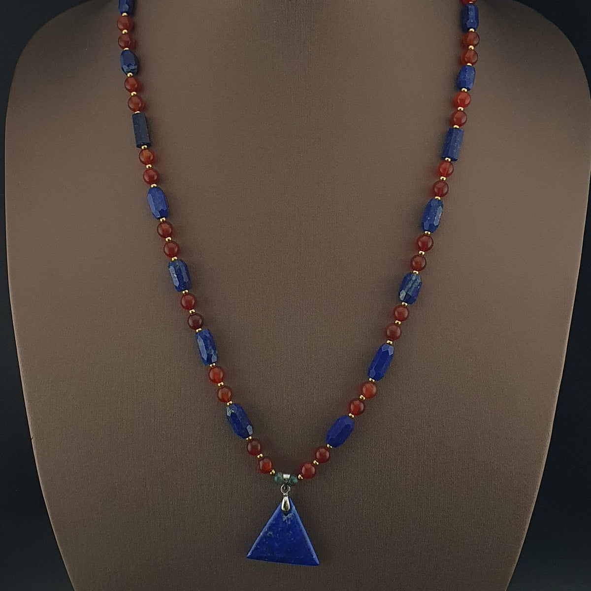 Vintage Carnelian Agate Mali Beads & Lapislazuli Beads Triangle Pendant Necklace