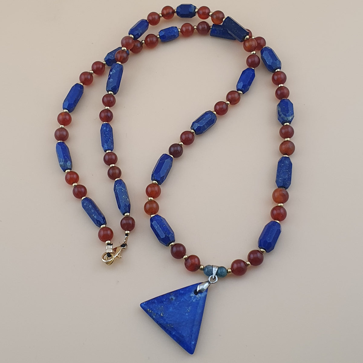 Vintage Carnelian Agate Mali Beads & Lapislazuli Beads Triangle Pendant Necklace