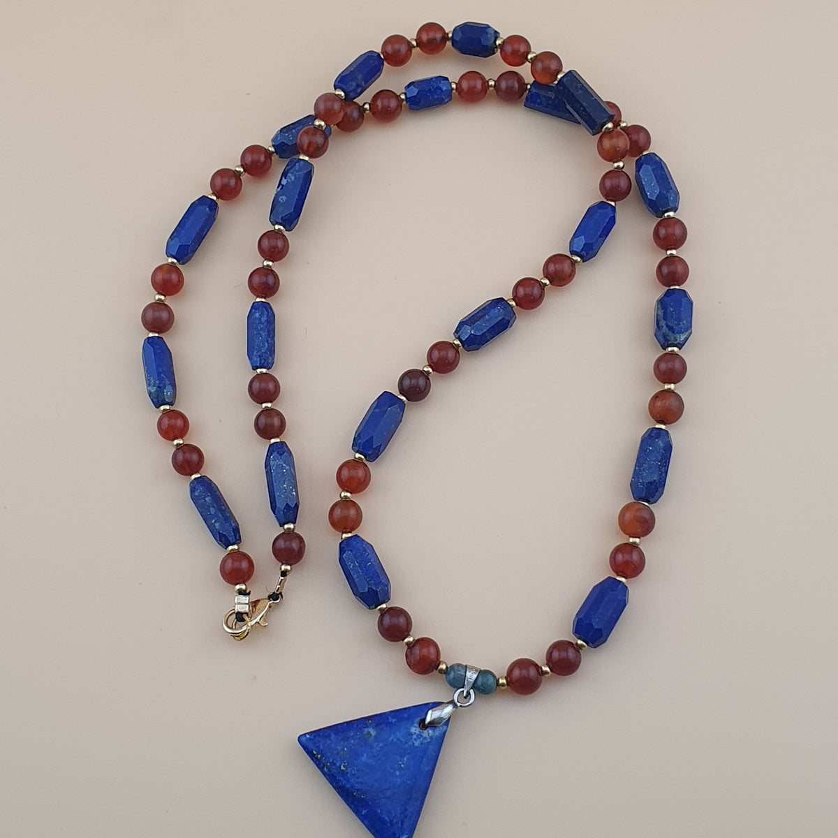Vintage Carnelian Agate Mali Beads & Lapislazuli Beads Triangle Pendant Necklace