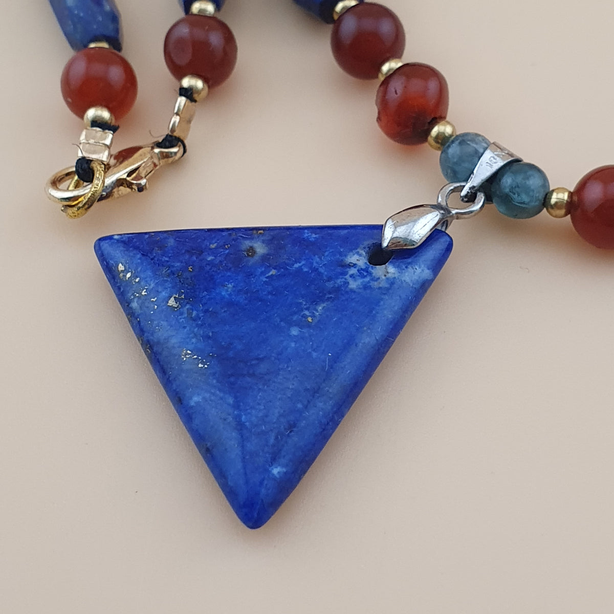 Vintage Carnelian Agate Mali Beads & Lapislazuli Beads Triangle Pendant Necklace