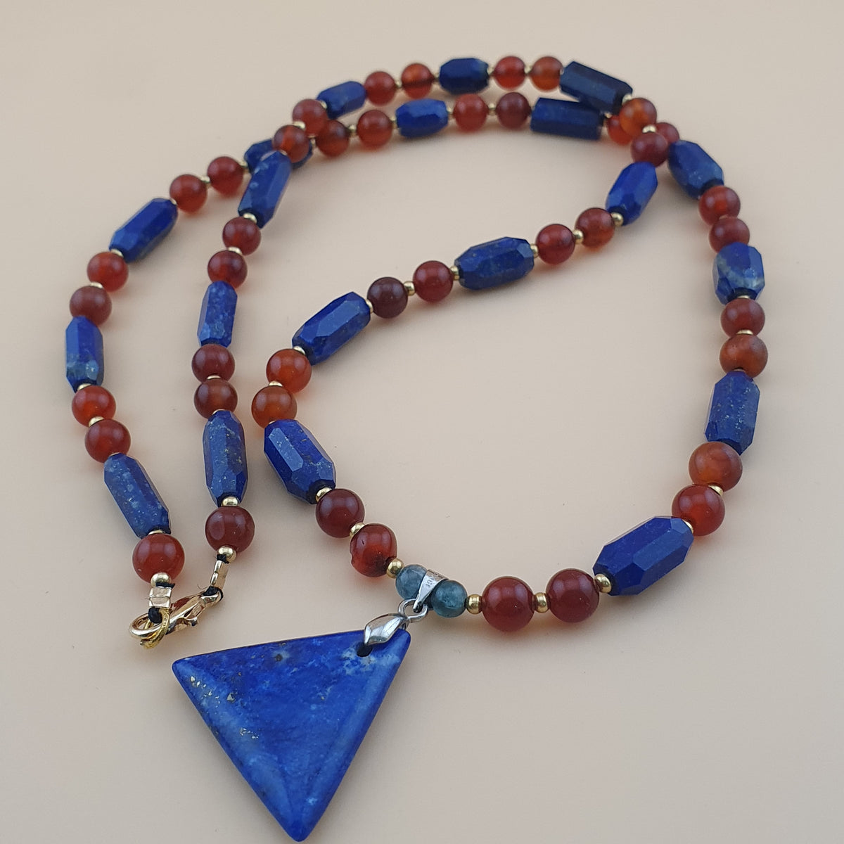 Vintage Carnelian Agate Mali Beads & Lapislazuli Beads Triangle Pendant Necklace