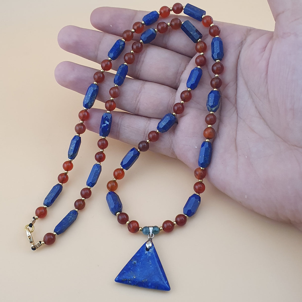 Vintage Carnelian Agate Mali Beads & Lapislazuli Beads Triangle Pendant Necklace