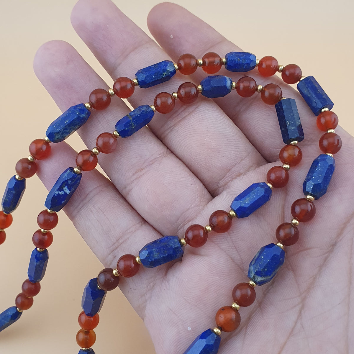 Vintage Carnelian Agate Mali Beads & Lapislazuli Beads Triangle Pendant Necklace