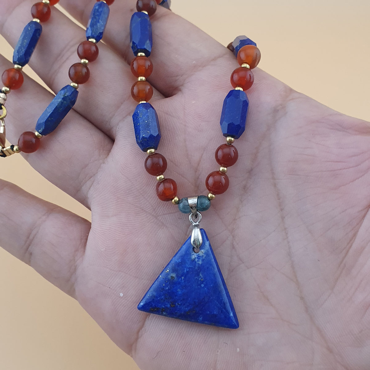 Vintage Carnelian Agate Mali Beads & Lapislazuli Beads Triangle Pendant Necklace