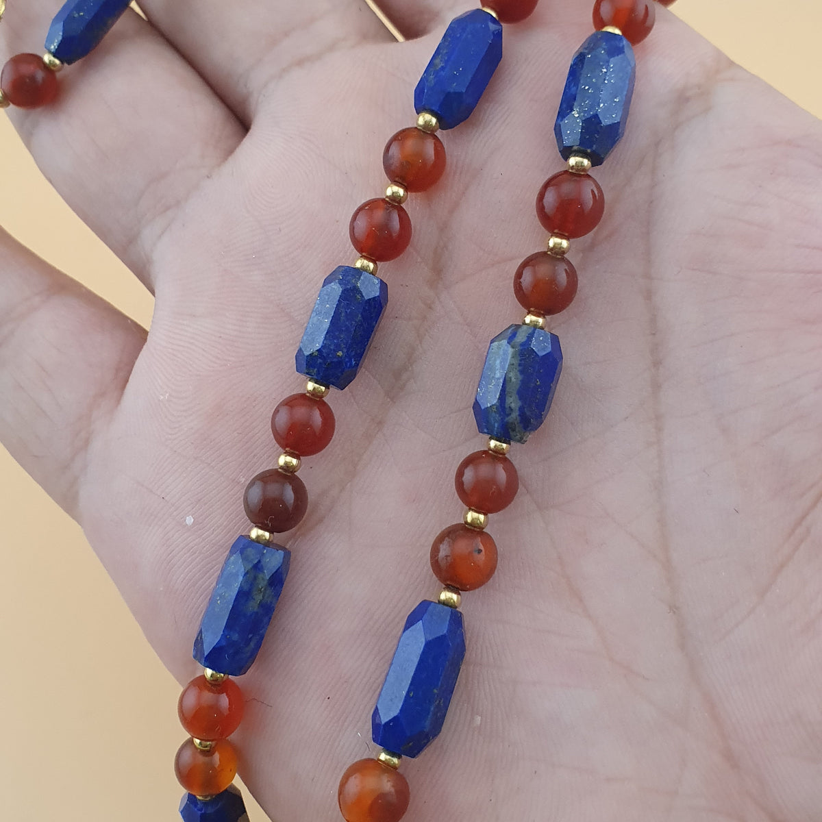 Vintage Carnelian Agate Mali Beads & Lapislazuli Beads Triangle Pendant Necklace
