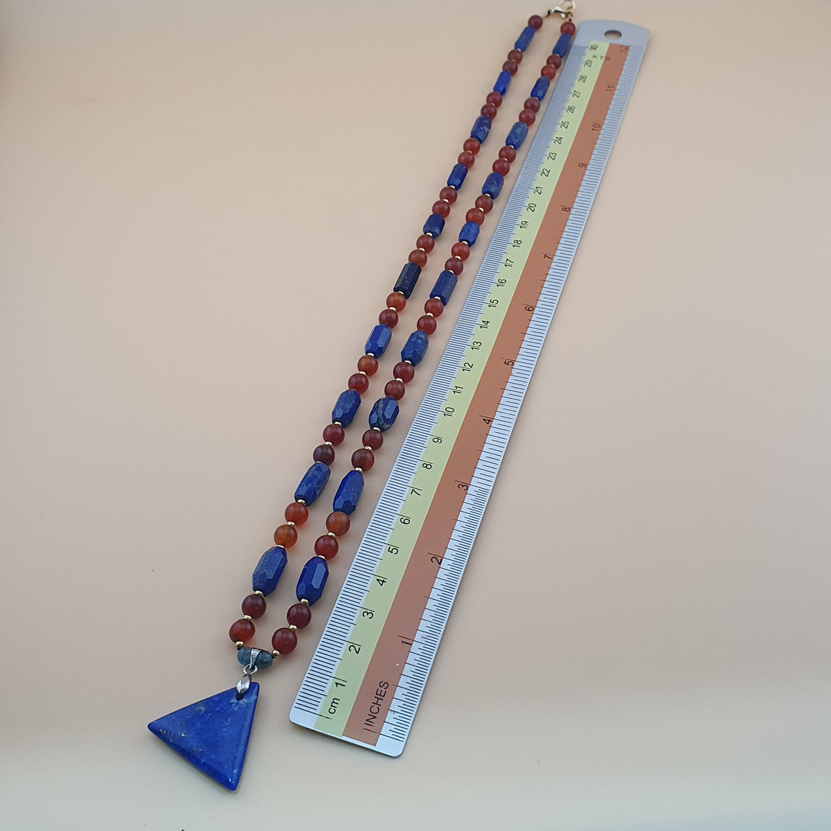 Vintage Carnelian Agate Mali Beads & Lapislazuli Beads Triangle Pendant Necklace