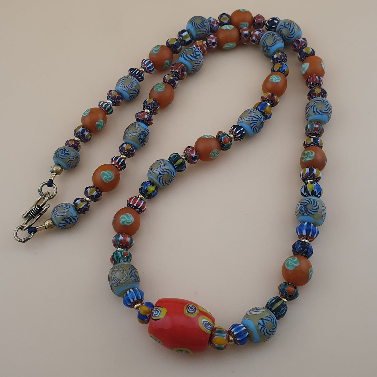 Vintage Venetian Style Floral & Chevorn Glass Beads Necklace