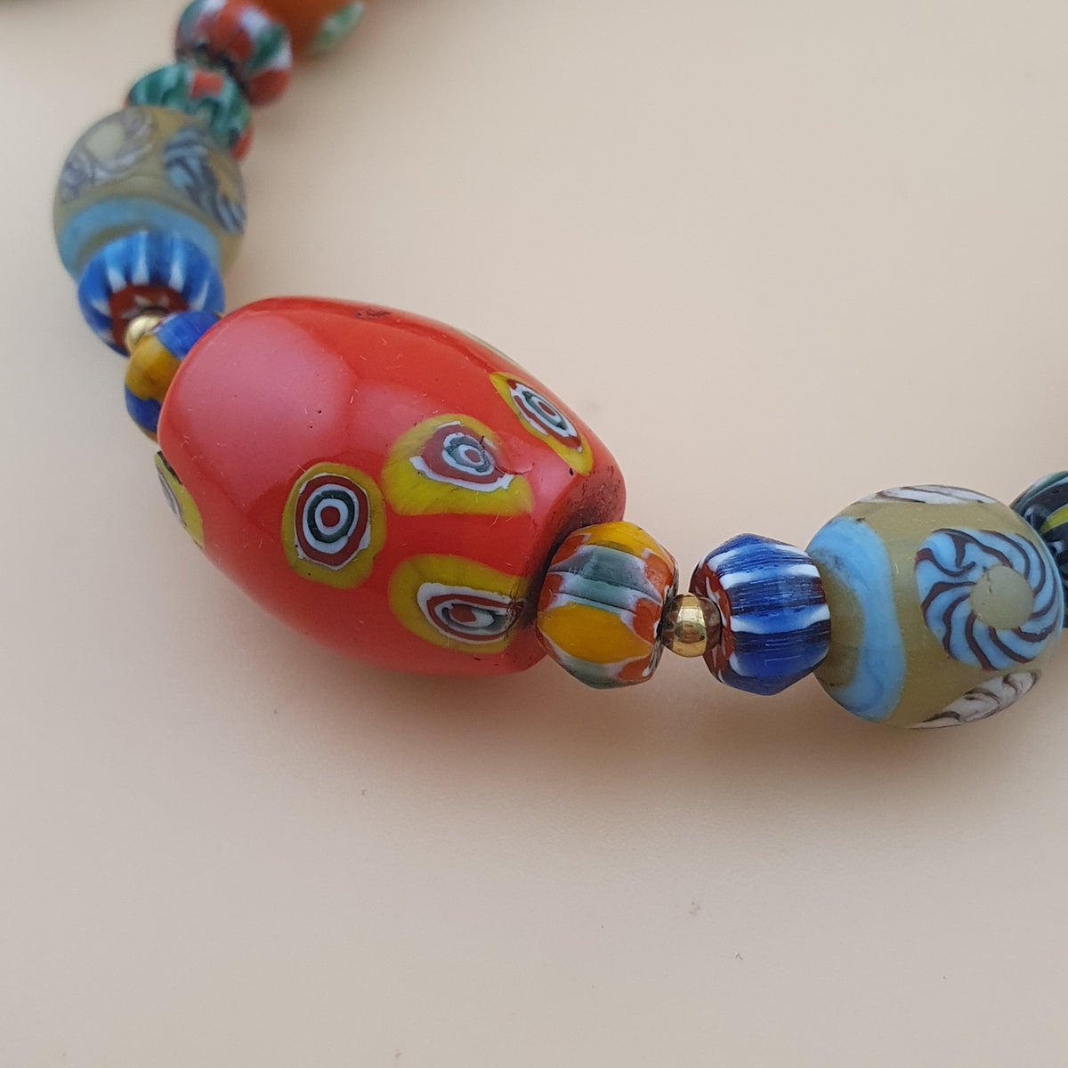 Vintage Venetian Style Floral & Chevorn Glass Beads Necklace