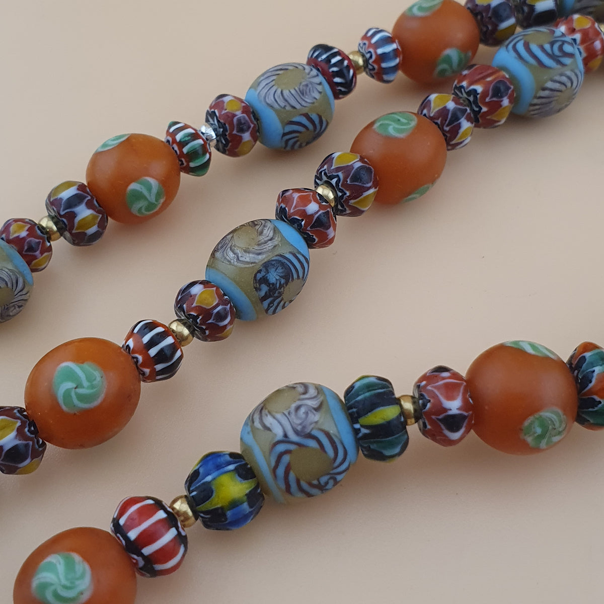 Vintage Venetian Style Floral & Chevorn Glass Beads Necklace