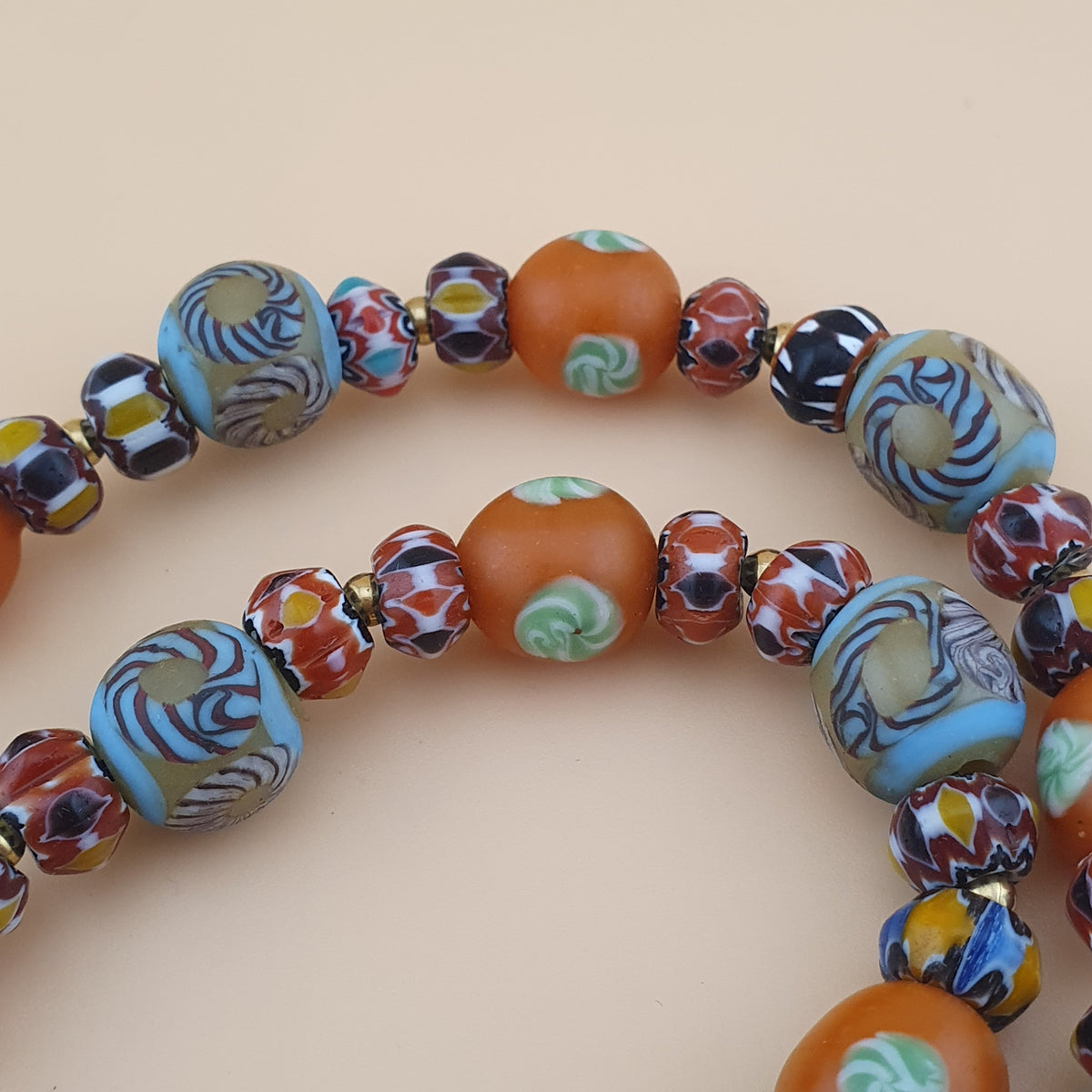 Vintage Venetian Style Floral & Chevorn Glass Beads Necklace