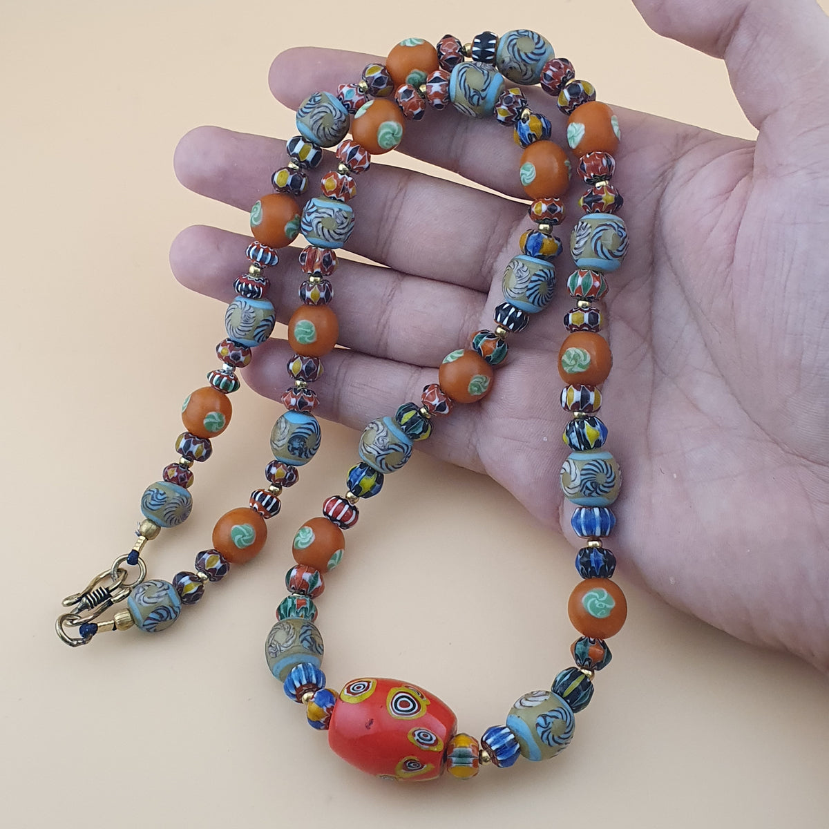 Vintage Venetian Style Floral & Chevorn Glass Beads Necklace