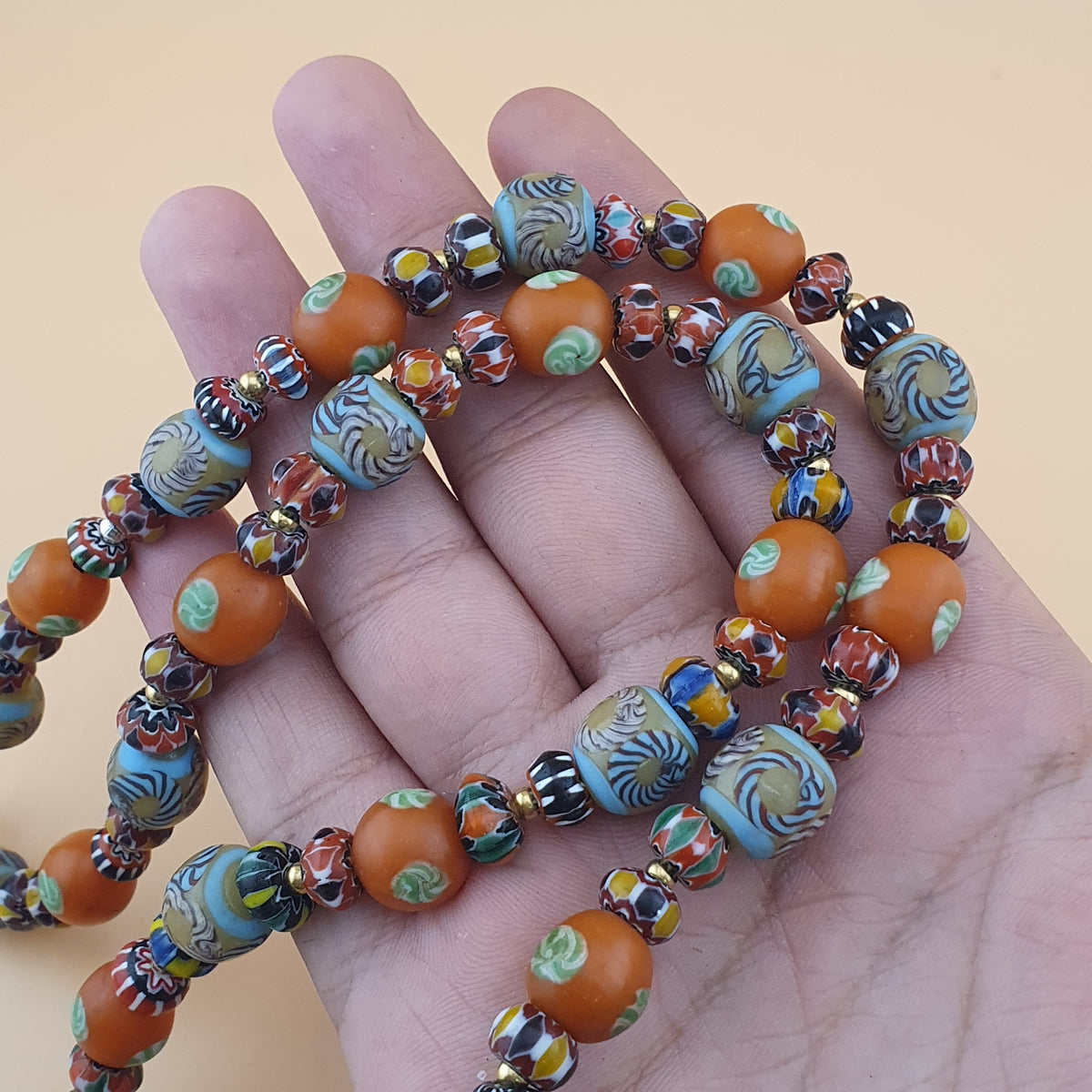 Vintage Venetian Style Floral & Chevorn Glass Beads Necklace