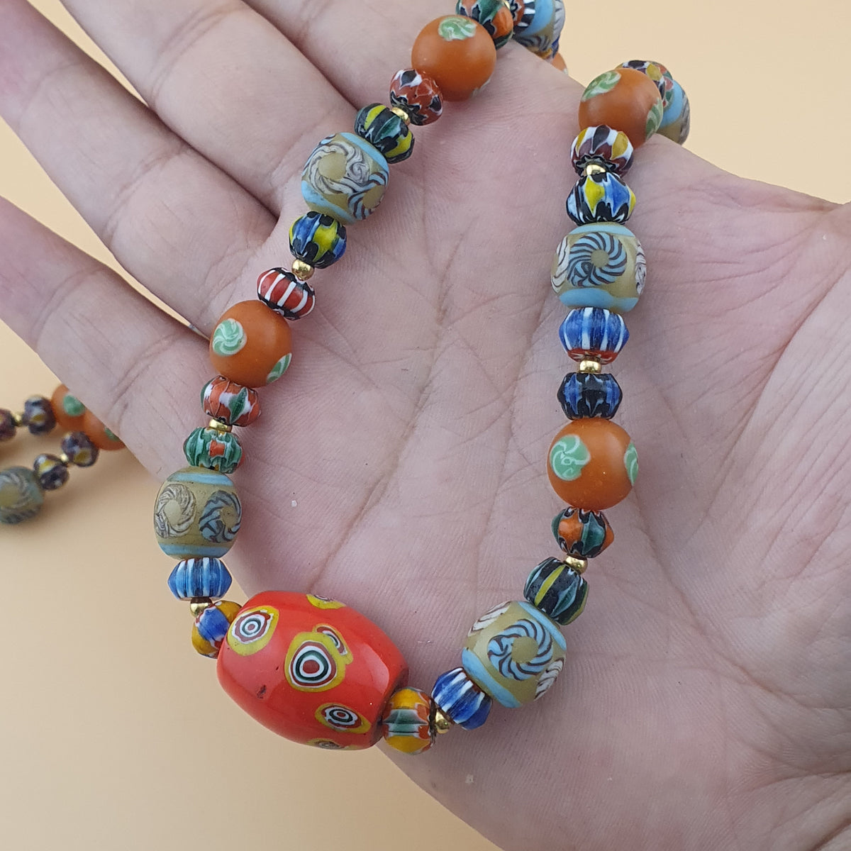 Vintage Venetian Style Floral & Chevorn Glass Beads Necklace