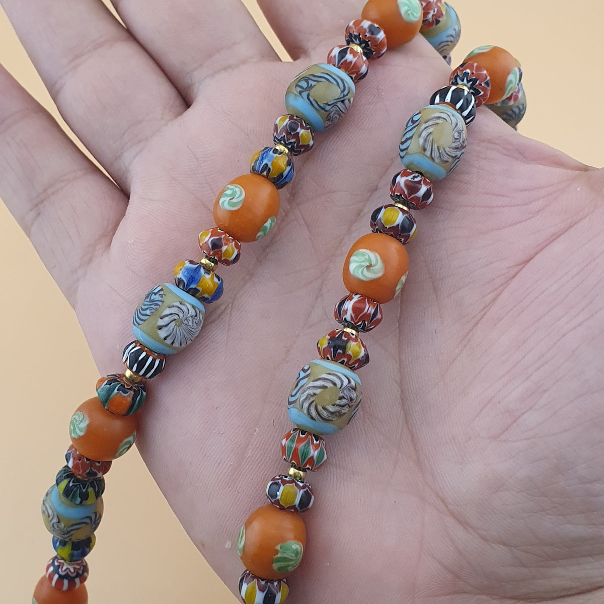 Vintage Venetian Style Floral & Chevorn Glass Beads Necklace