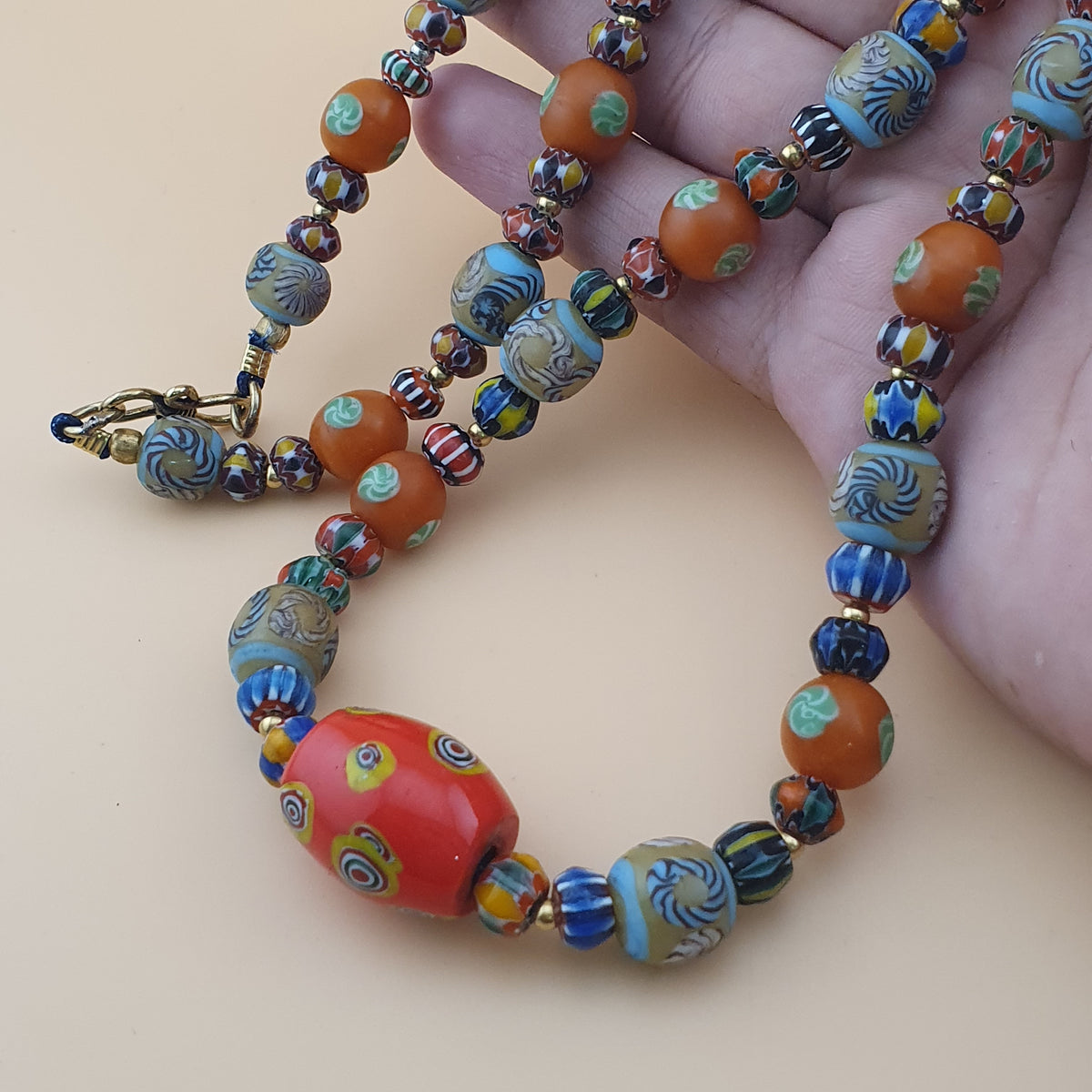 Vintage Venetian Style Floral & Chevorn Glass Beads Necklace