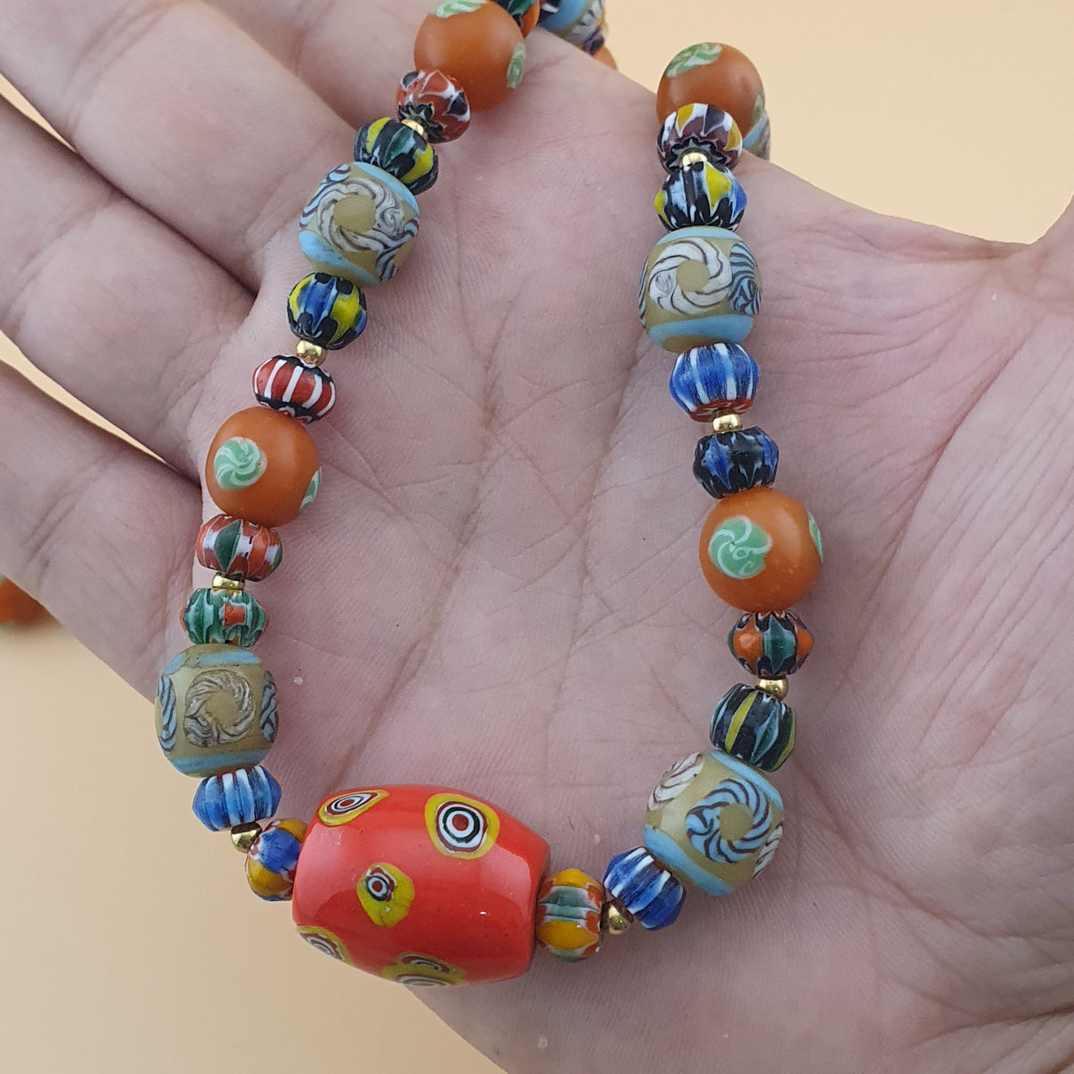 Vintage Venetian Style Floral & Chevorn Glass Beads Necklace