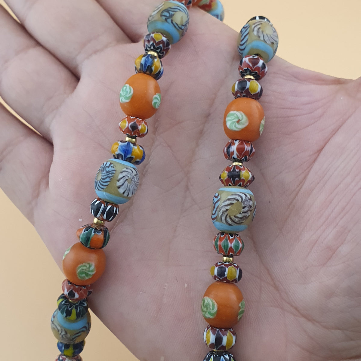 Vintage Venetian Style Floral & Chevorn Glass Beads Necklace