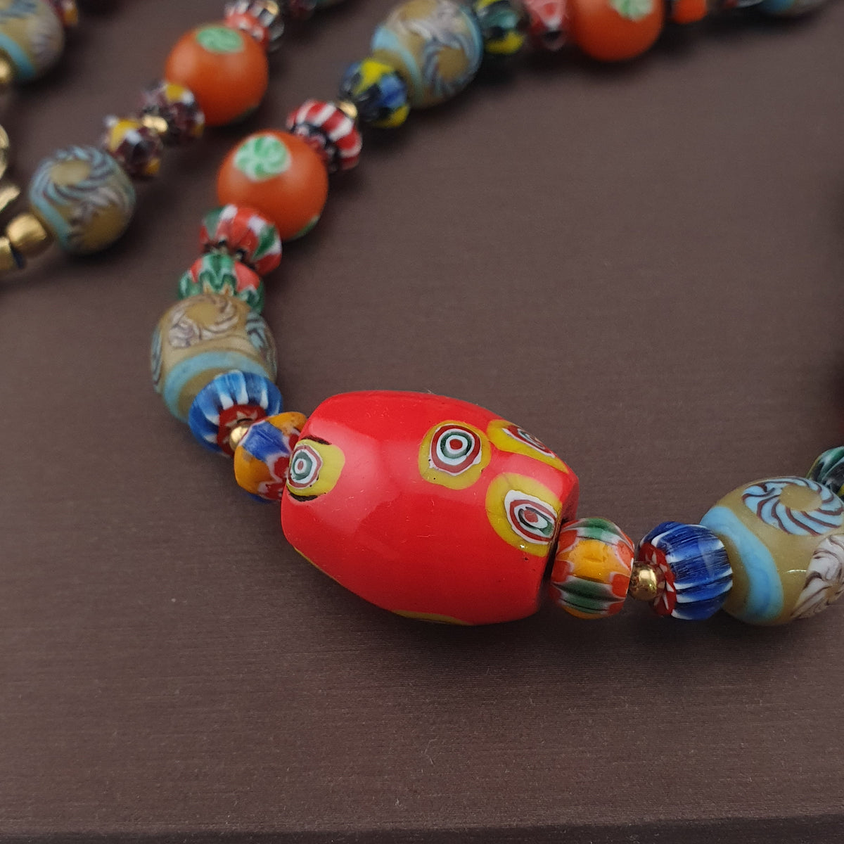 Vintage Venetian Style Floral & Chevorn Glass Beads Necklace