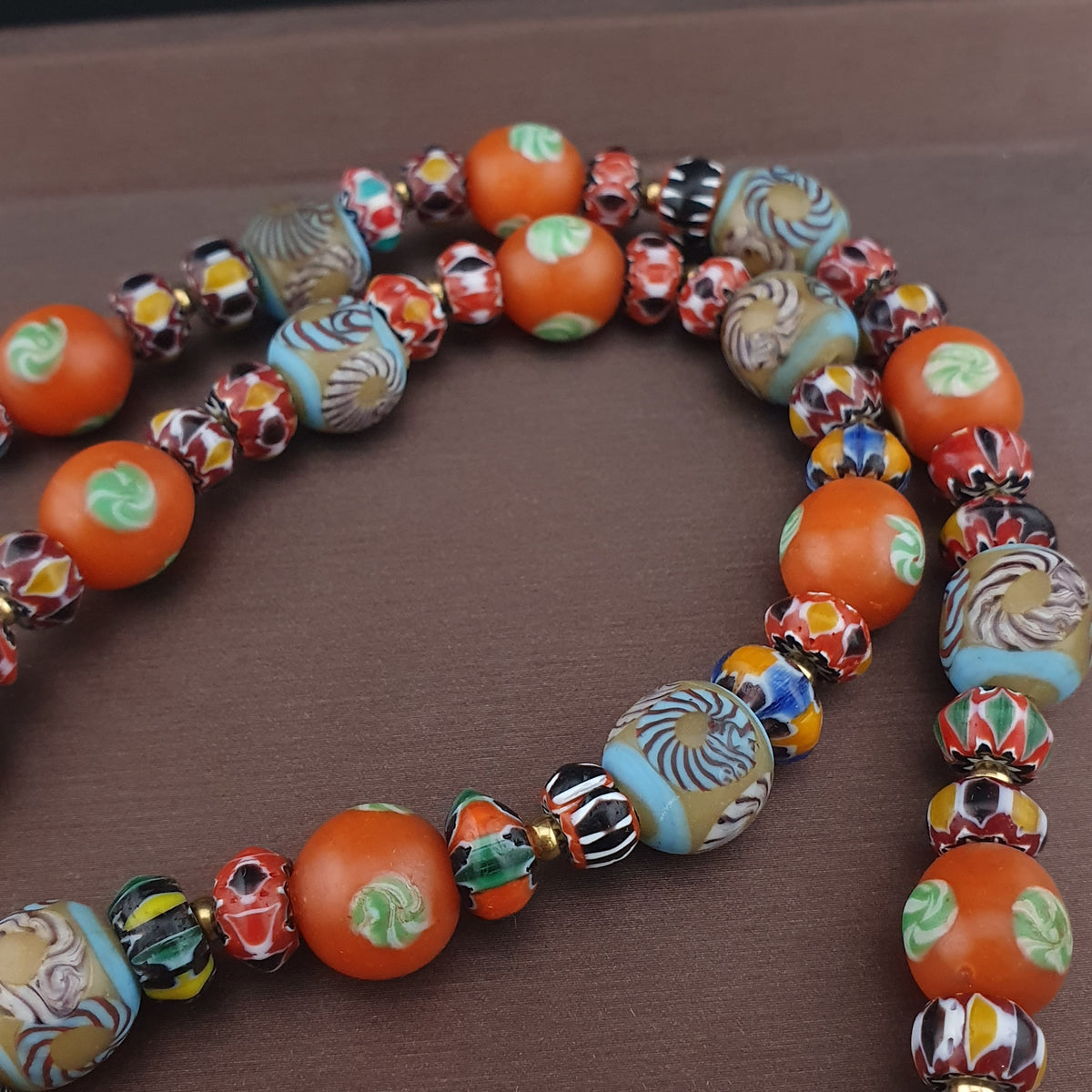 Vintage Venetian Style Floral & Chevorn Glass Beads Necklace