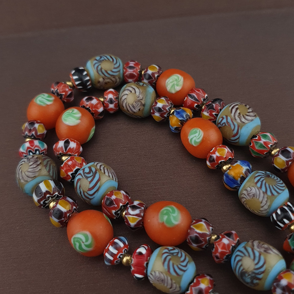 Vintage Venetian Style Floral & Chevorn Glass Beads Necklace