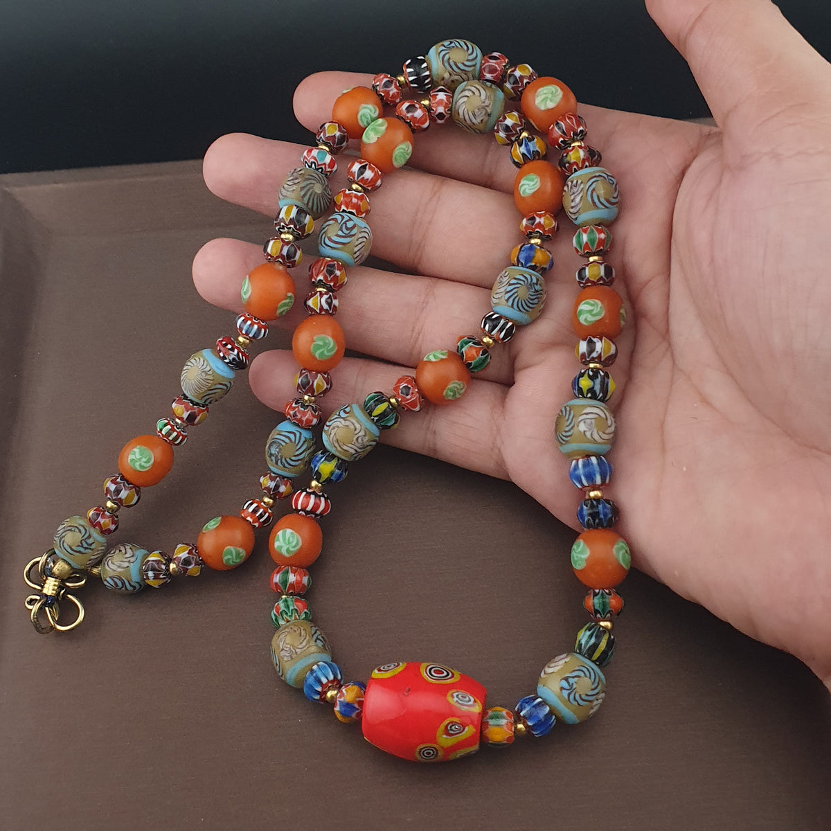 Vintage Venetian Style Floral & Chevorn Glass Beads Necklace