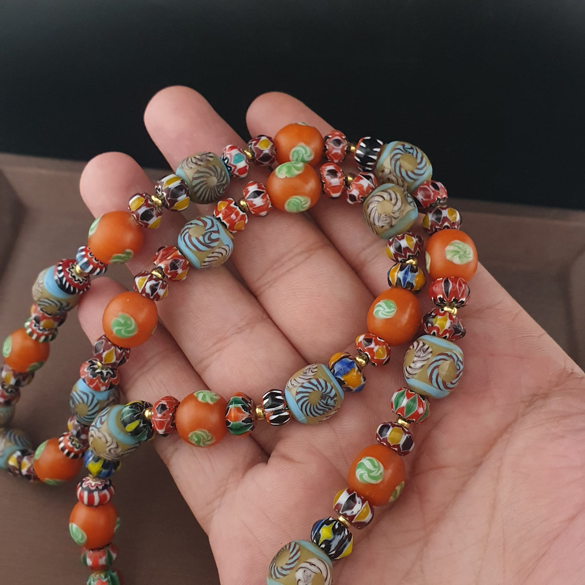 Vintage Venetian Style Floral & Chevorn Glass Beads Necklace