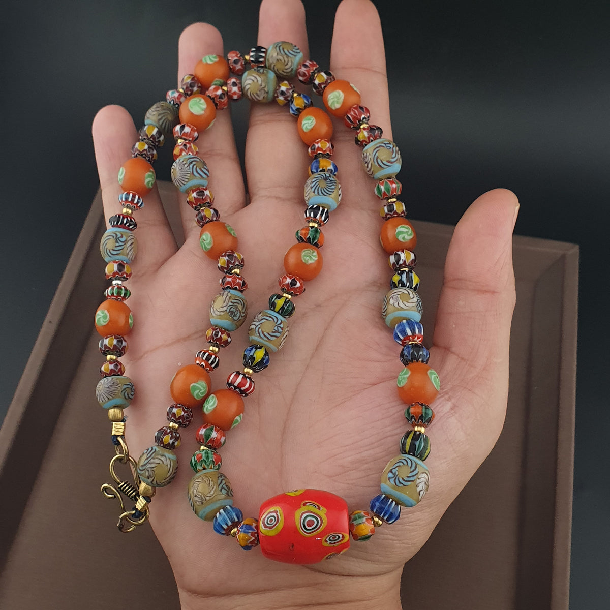 Vintage Venetian Style Floral & Chevorn Glass Beads Necklace