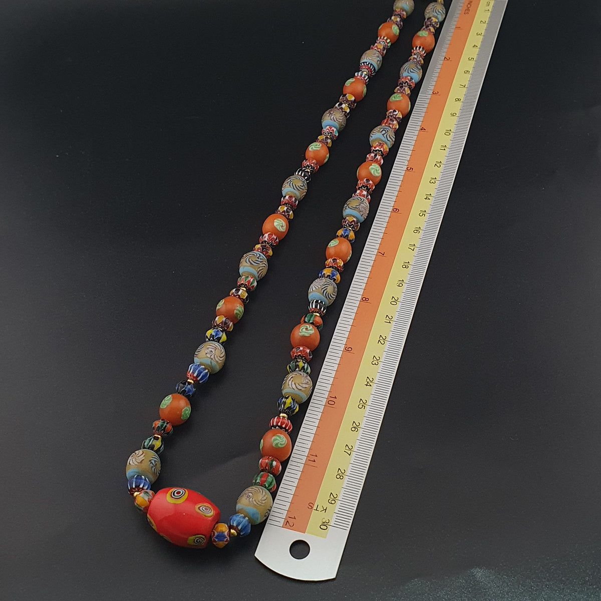 Vintage Venetian Style Floral & Chevorn Glass Beads Necklace