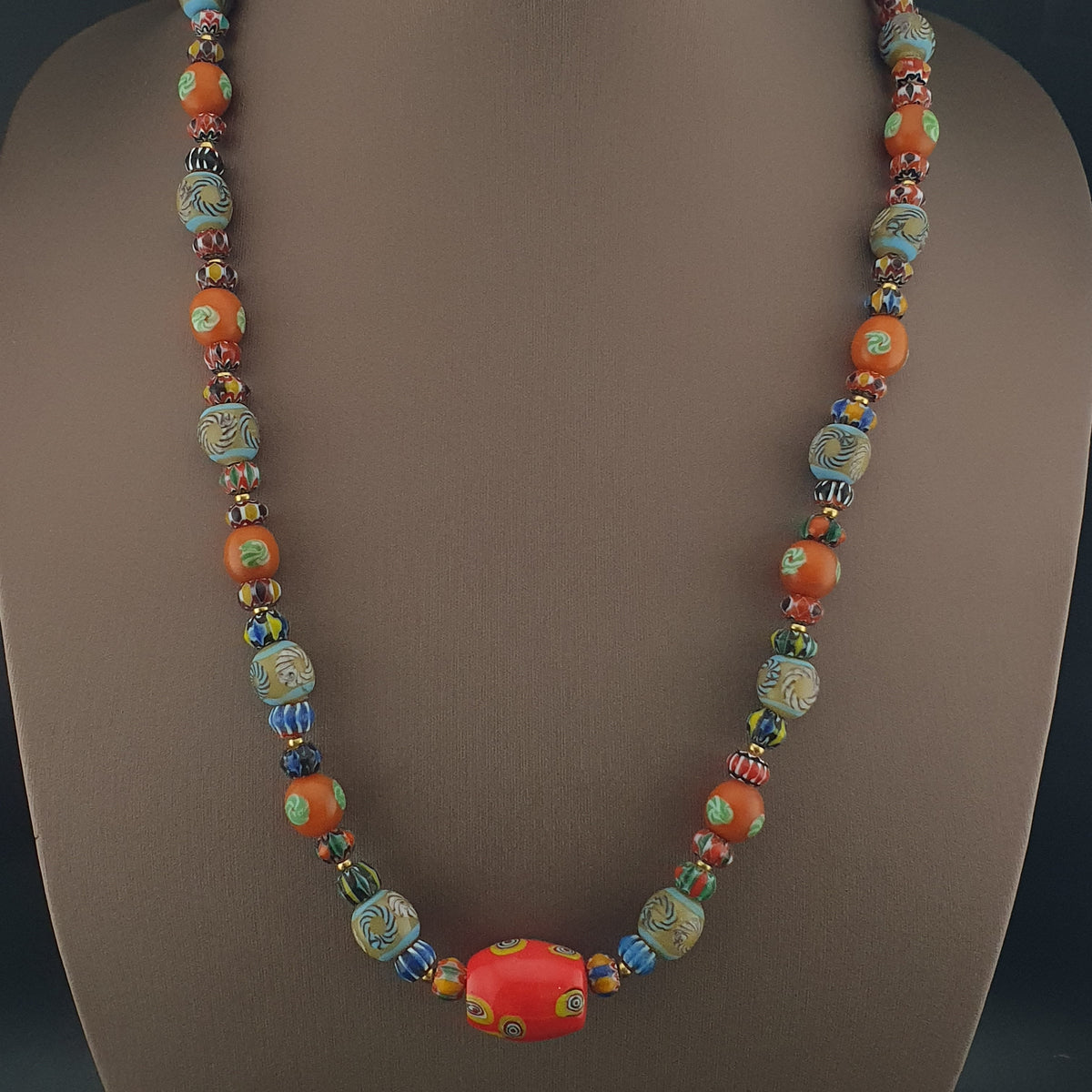 Vintage Venetian Style Floral & Chevorn Glass Beads Necklace