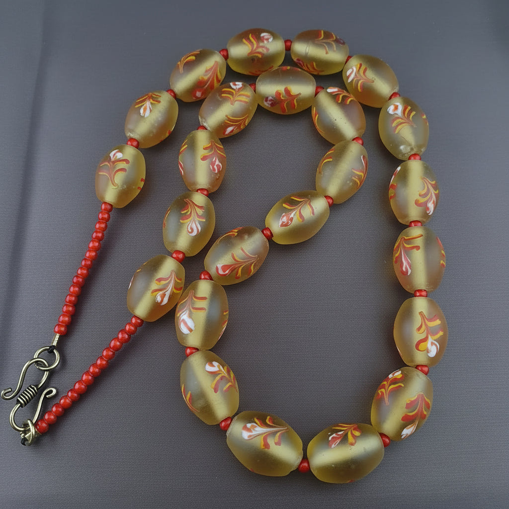 Antique Murano Style Floral Glass & Venetian WhiteHeart Glass Beads Necklace